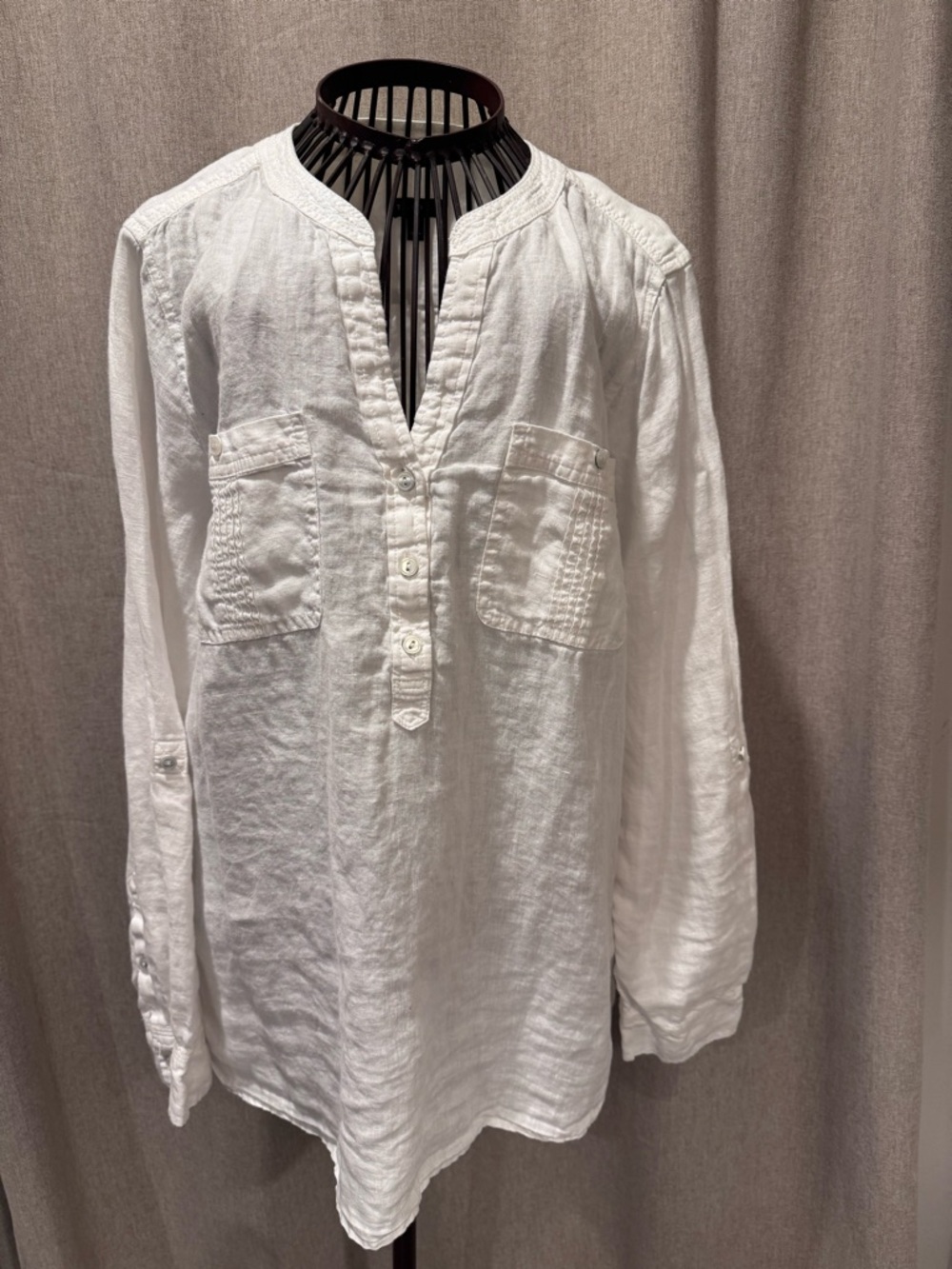 Talbots 100% Linen White Tunic Roll Tab Sleeve Blouse Size L